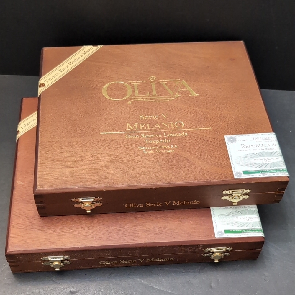 Oliva Melanio Lot Of 2 Brown Wooden Empty Cigar Boxes.